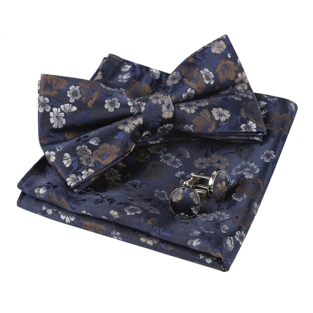 6247 Floral Pattern Pre-tied Bow Tie Pocket Square and Cufflinks Set